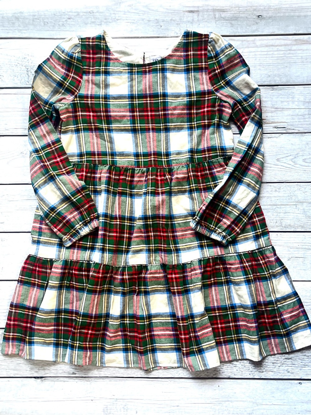 GAP Girls Plaid Tiered Long-Sleeve Dress - Cream, Red & Green